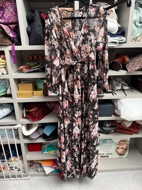Windsor Black Floral Wrap Maxi Dress with Pink & Cream Blooms
